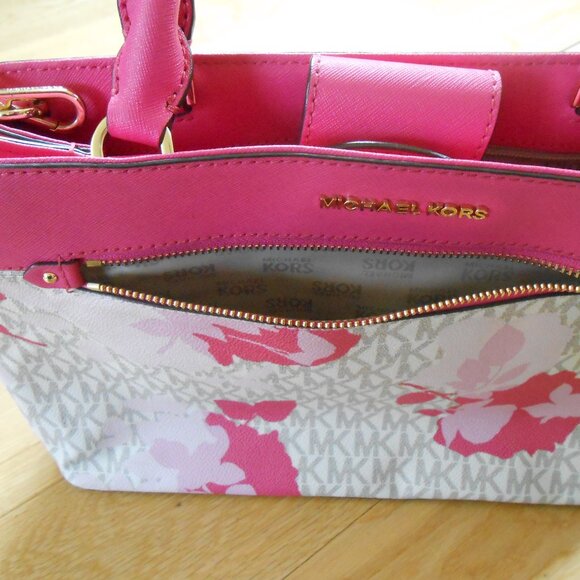 MICHAEL KORS HAILEE SATCHEL-BAG-PURSE-PINK FLORAL-GOLD TRIM - Picture 9 of 10